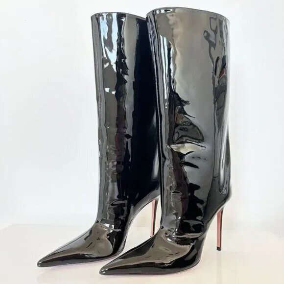 Amina Muaddi Fiona 100mm Black Patent Leather Boots Size 38 IT - Picture 1 of 11
